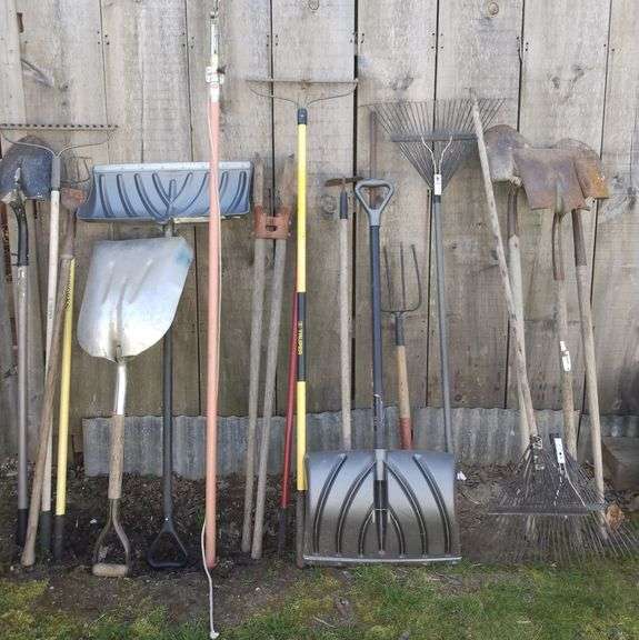 Nice Lot of Rakes, Shovels, Hoes & Post Hole Digger + Large Blue Barrel
