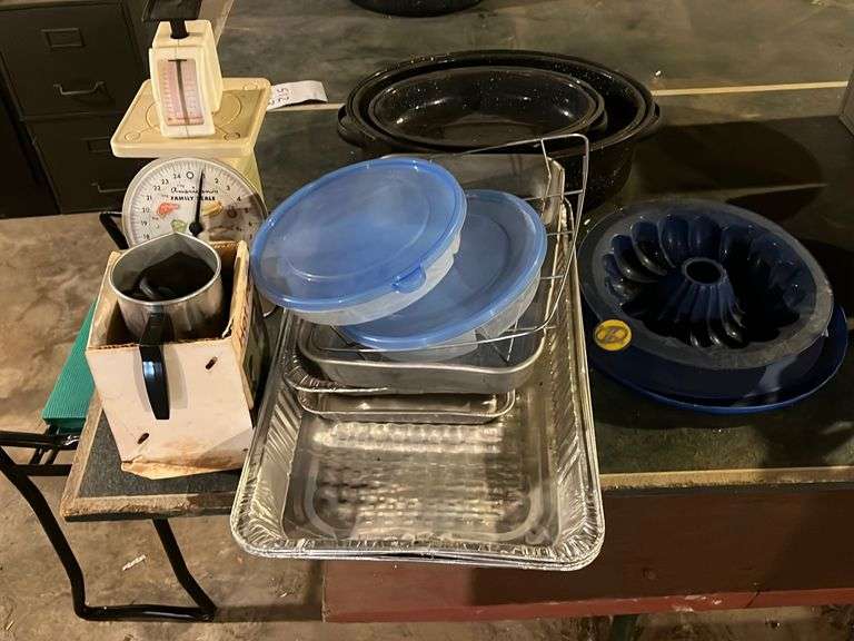Enamel Pans, Aluminum Pans and scales Sherwood Auctions