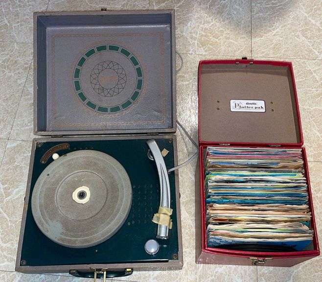Vintage TeleTone Record Player and 45 Vinyl Record Collection