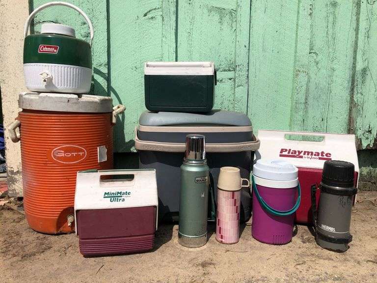 Vintage Stanley Thermos + Assortment of Thermos's & Jugs, Personal Coolers & Chest Coolers