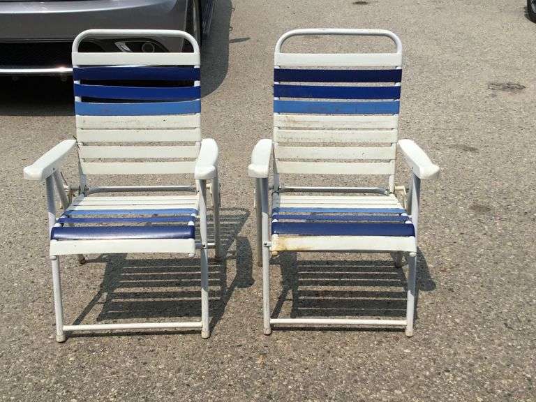 (2) Blue and White Patio Chairs Sherwood Auctions