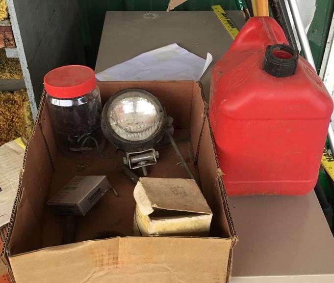 2 Gallon Gas Can & Box of Stuff Sherwood Auctions