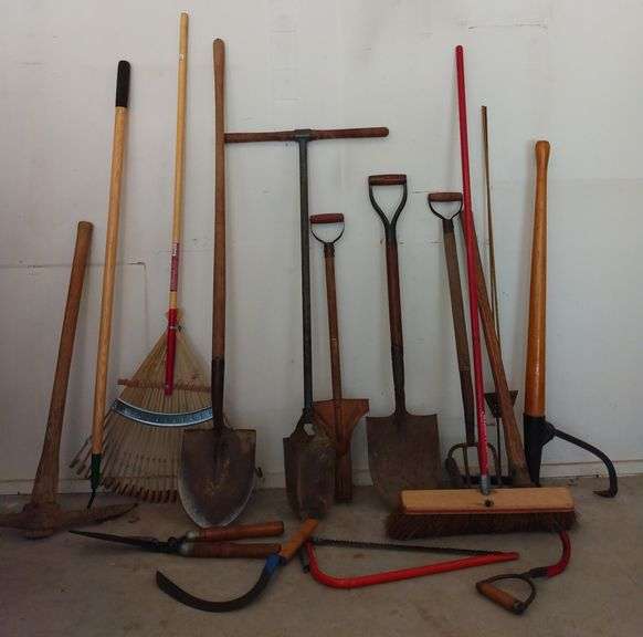 Nice Assortment of Shovels, Rakes, Hoes, Pick Axe + Log Roller