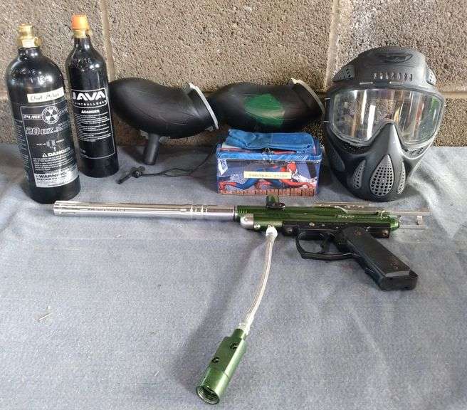 Spyder Aggressor XT Paintball Gun, Paintball Mask, Hoppers + CO2 Tanks