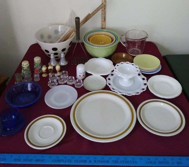 Salt & Pepper Shakers, Shirley Temple Cobalt Blue Bowl + Cup, Pebblestone Dishes, Fire King