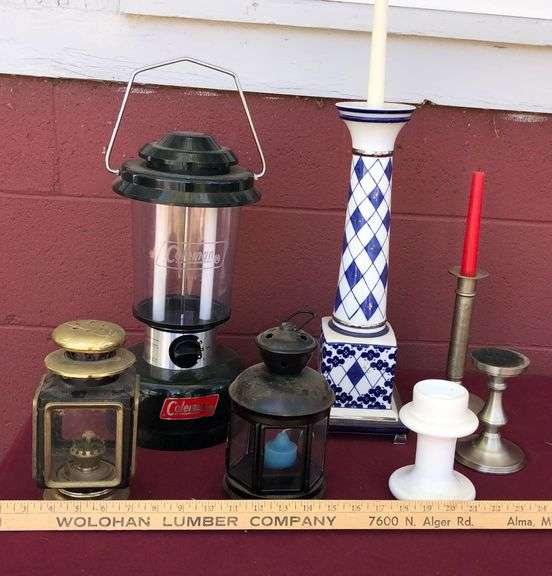 Coleman Electric Camp Lantern, Tin Oil Lantern, 3 Candlesticks, Pillar