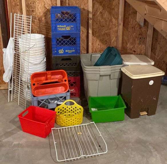 Storage Tubs, Milk Crates, 5Gallon Buckets, Metal Cube Storage Shelf