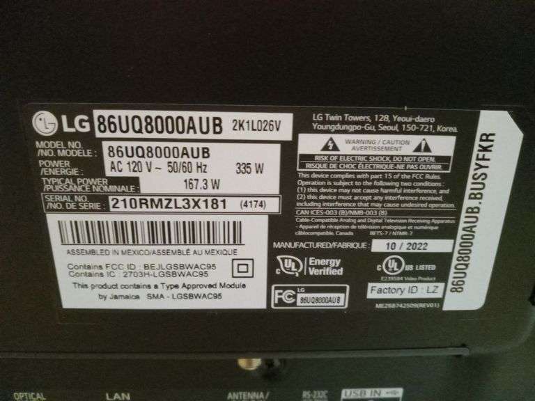 LG UHD AI THINQ 86UQ80 86in TV Sierra Auction Management Inc