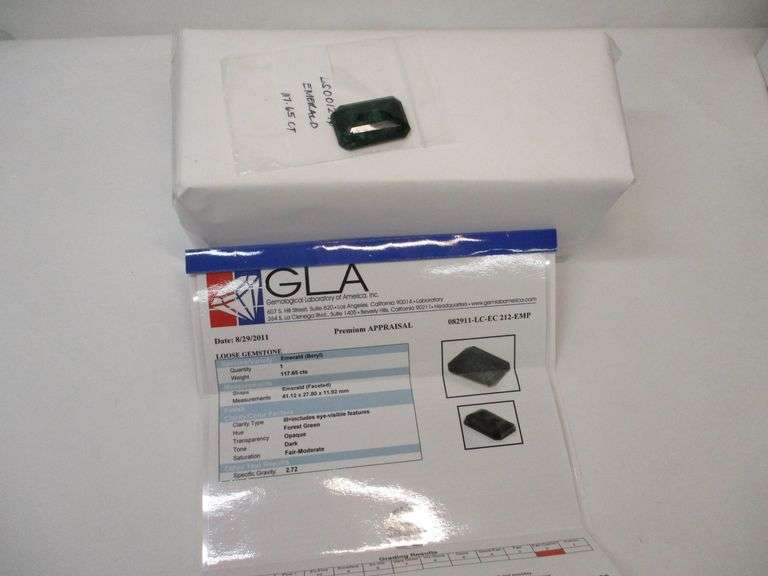 Loose Emerald Gemstone 117.65cts w/GLA Appraisal Sierra Auction