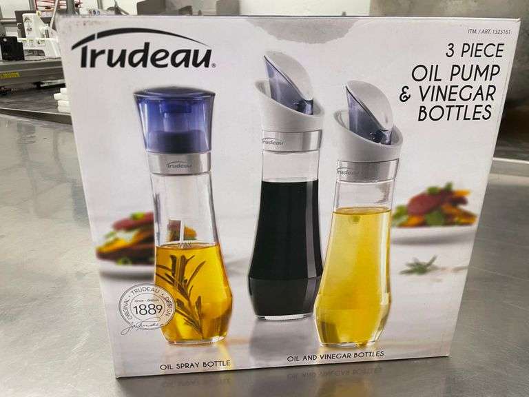 3pc Trudeau Oil Pump and Vinegar Bottles Sierra Auction Management Inc