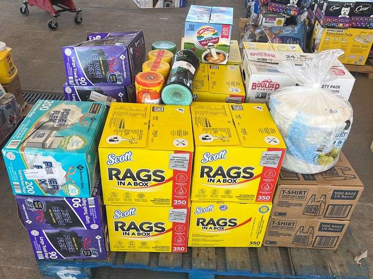 (P) Assorted Cleaning Supplies, Trash Bags, Rags, Disposable Plates