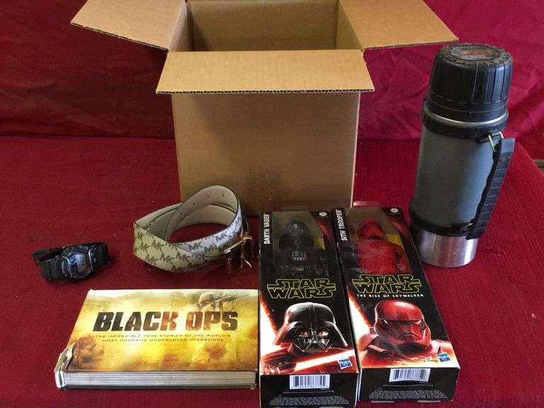 Box of Assorted Items Starwars Figures, Black Ops Books With Disc