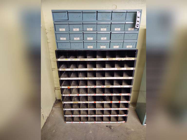 Vintage hardware store metal nut and bolt bin with 2 metal drawer