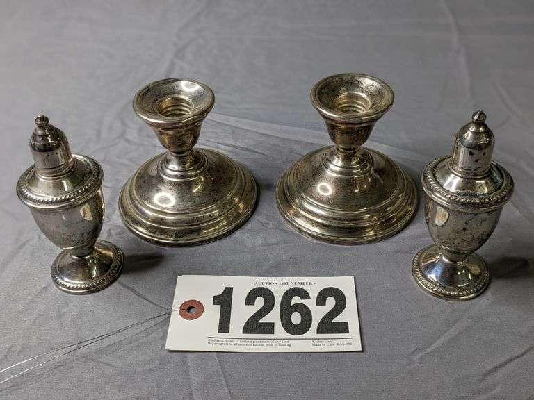Sterling Berkeley candlesticks and Crosby salt/pepper South Auction