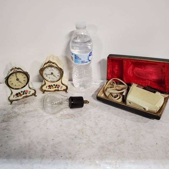 Electric Sunbeam Shavemaster,2 Antique Wind Up Clocks And Lightbulb