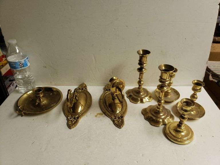 Lot Of Brass Like Candlesticks. 1 Needs Repair Trice Auctions