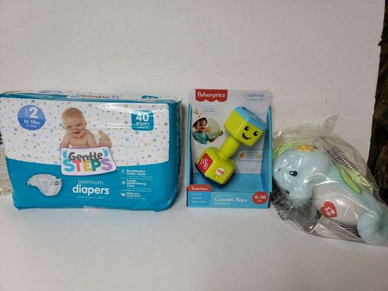 Gentle Steps Size 2 Baby Diapers, Fisher Price Dumbbell And Light Up