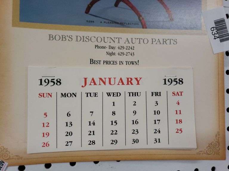 Vintage 1958 Bob's Discount Auto Parts Calendar Trice Auctions
