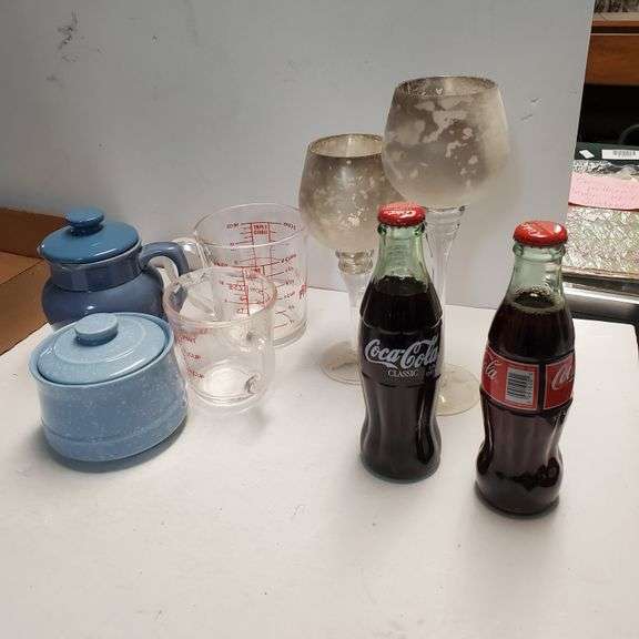 Coke Bottles, Measuring Cups, Glass Stemware, Blue Creamer & Sugar Bowl
