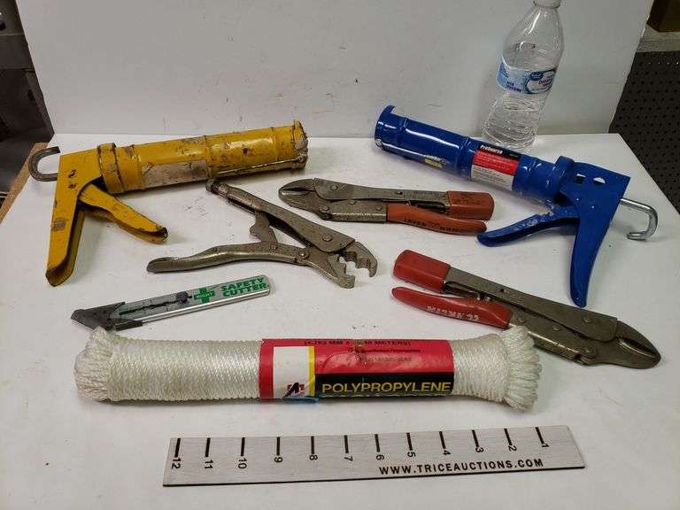 Assorted Tools Caulk Guns, Lever Wrenches, Safety Cutter, Rope