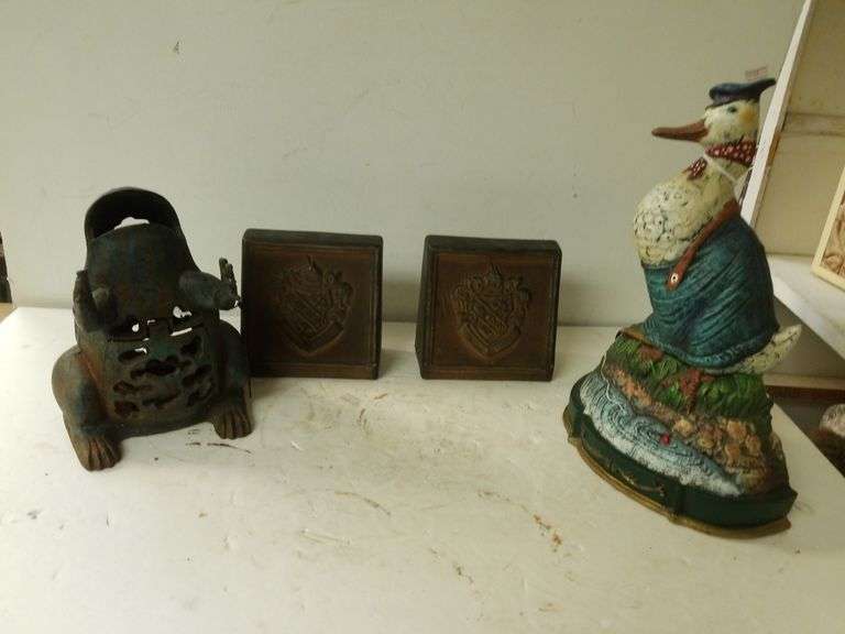 Cast Iron Frog Candle Holder, Duck Door Stop, Bronze Like Crest Bookends Trice Auctions