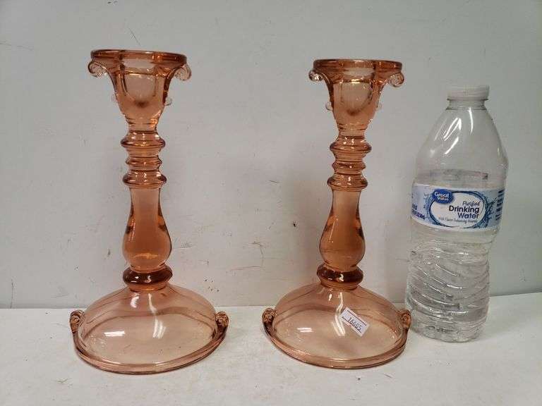 (2) Vintage Pink Depression Glass Candle Holders Trice Auctions