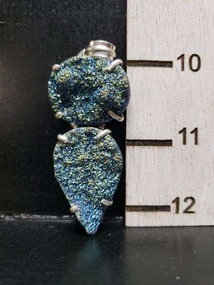 Set Bague Et Pendentif En Druzy Quartz - Vintage Argenté/argent, Taille 7.5, Occasion