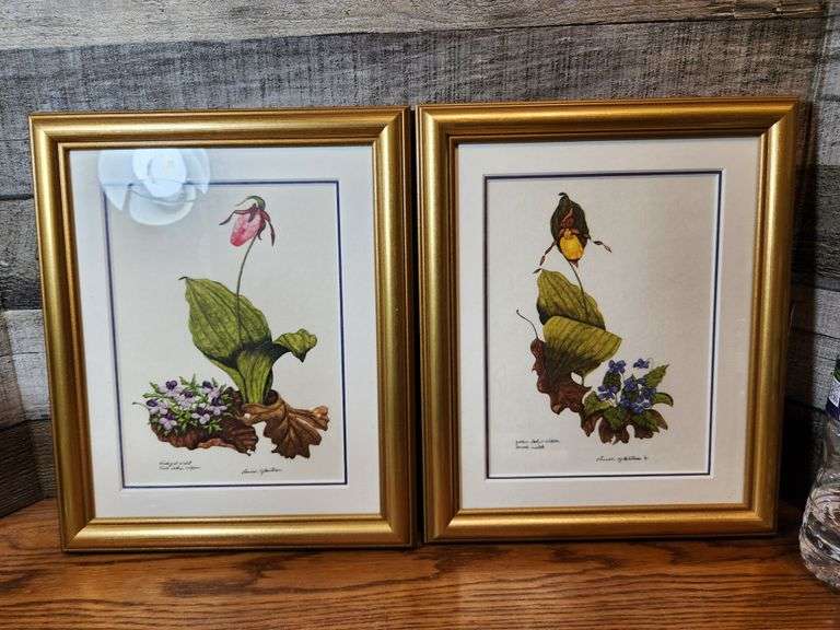 2 Floral water color prints in gold frames. Lady Slippers Trice Auctions
