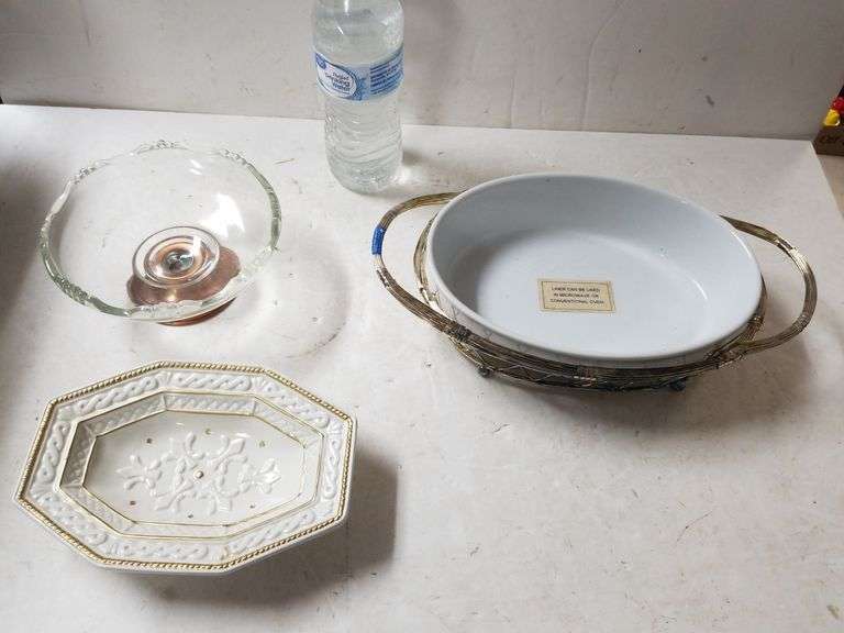Fitz And Floyd Classics Ceramic Dish, Glass Dish With Copper Like Base