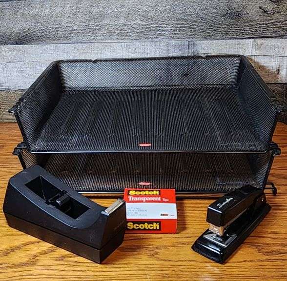 Desk items2 Rubbermaid paper trays, Swingline stapler and Scotch brand