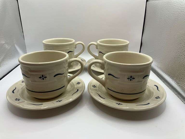 Longaberger Woven Traditions Blue Set Of 4 Mugs & Plates Made In USA