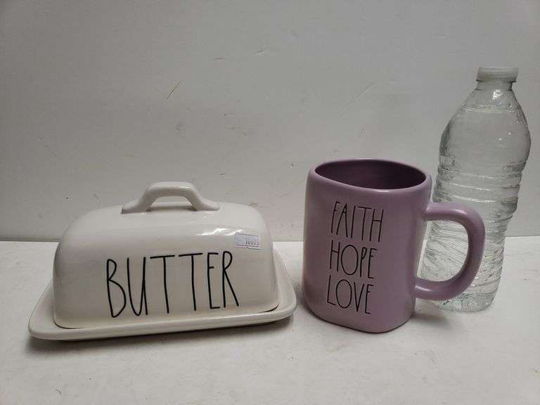 (2) Rae Dunn Pieces Butter Dish & Lilac Colored "Faith, Hope, Love