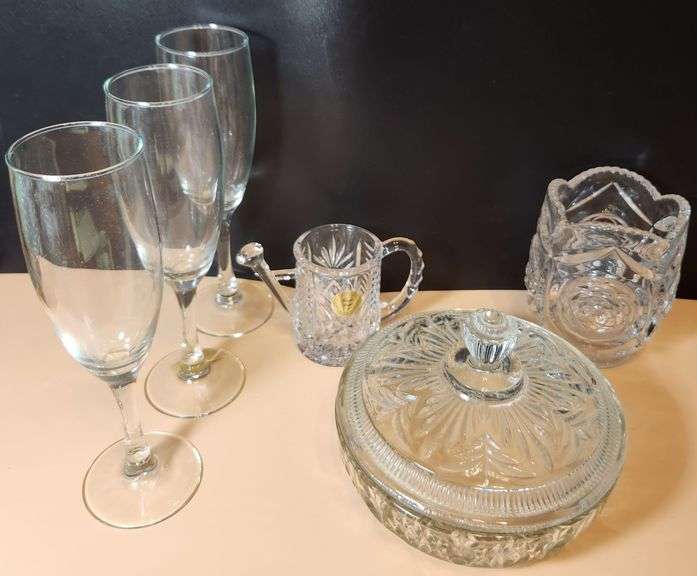 Three Ikea champagne glasses, Princess House crystal watering can, Avon