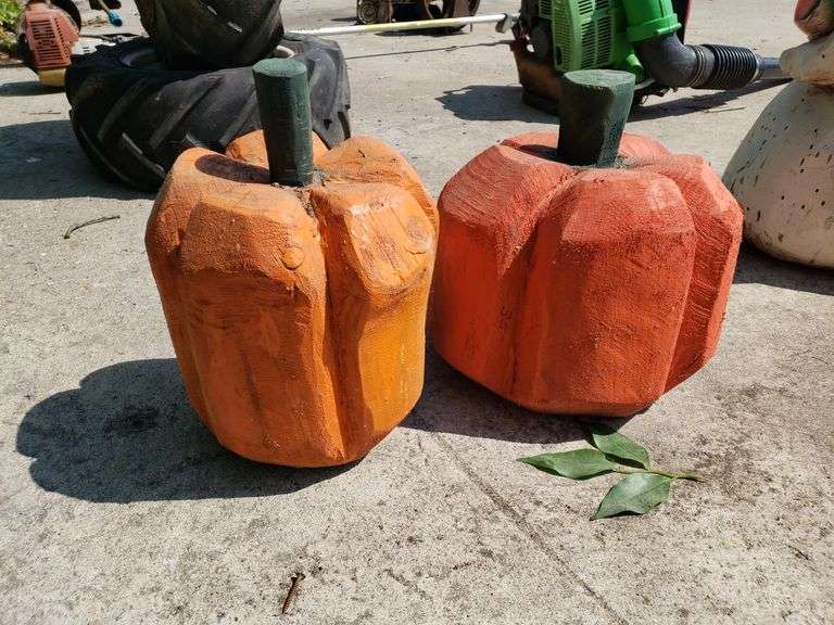 (2) Chainsaw Carved Wooden Pumpkins - Trice Auctions