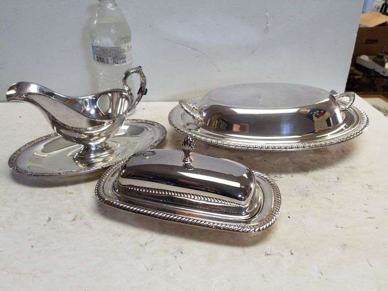 Silver plated Gravy Boat, Butter Dish, Served Covered Dish Trice Auctions