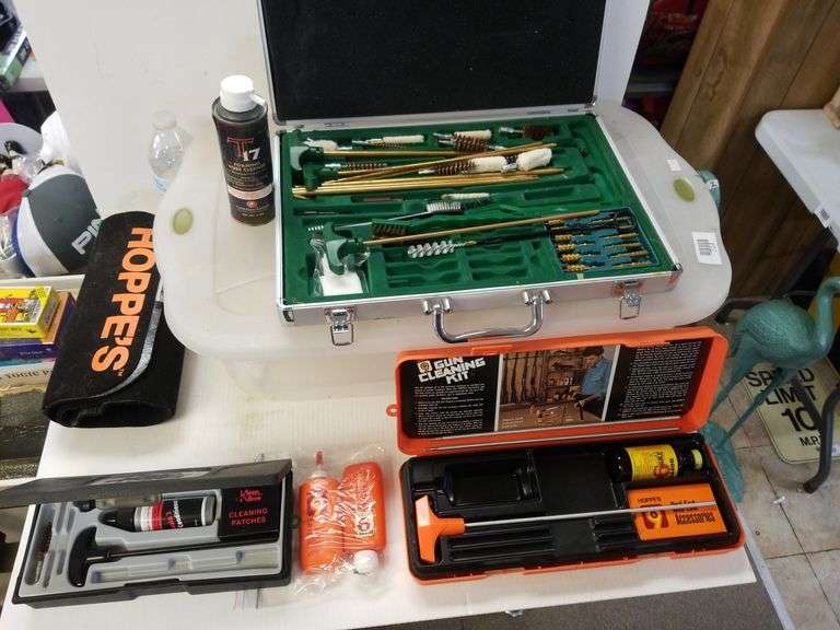 Large Lot Of Gun Cleaning Supplies In Rubbermaid Plastic Storage