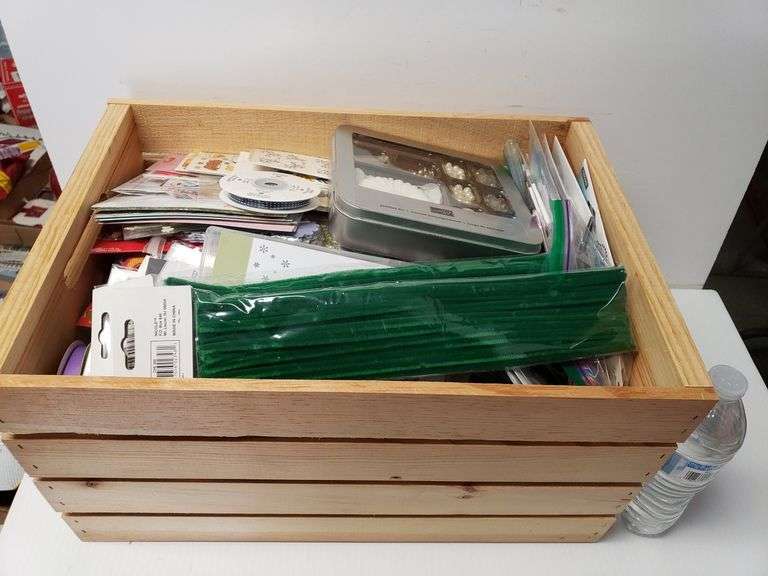 Wooden Crate Full Of Crafting Supplies Mostly Scrapbooking Stickers