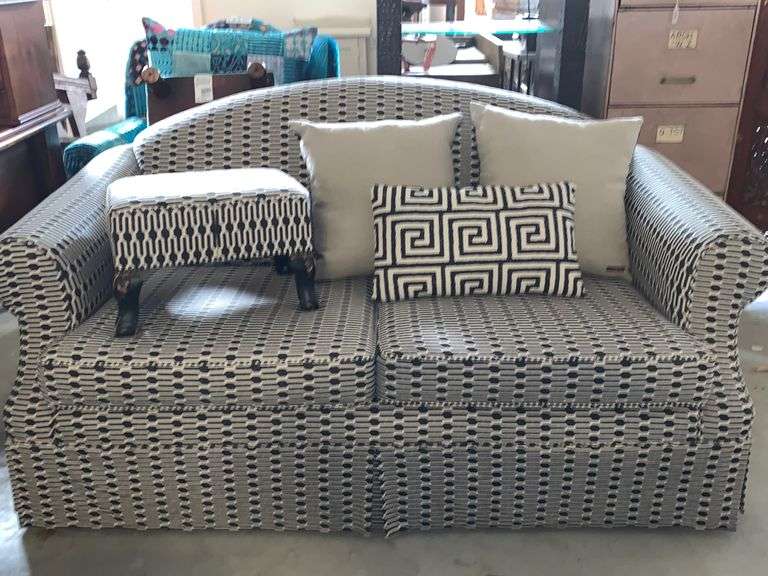 Black Patterned Sofa, Foot Stool & Cushions Tullochs Auctions