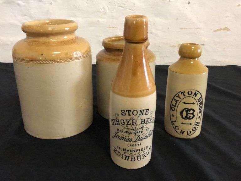 Two Antique English Stoneware Ginger Beer Bottles & Two Crocks
