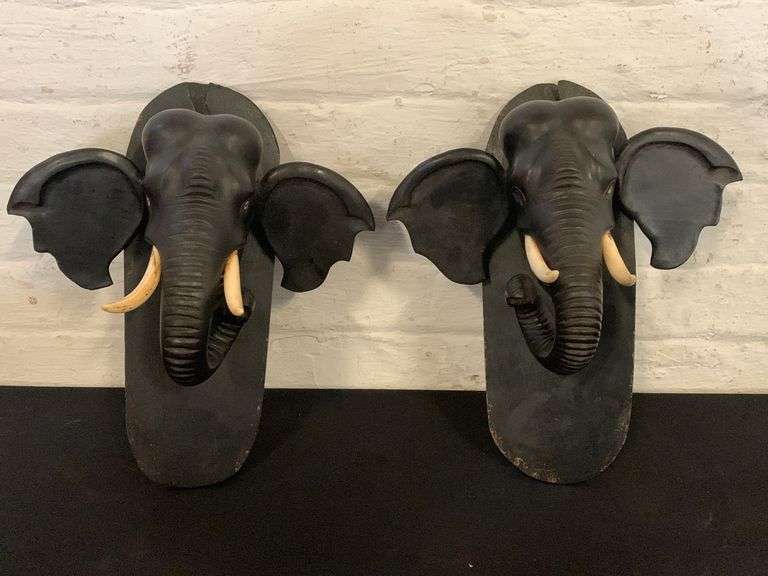 Pair of Antique African Elephant Wall Hangings with Ivory Tusks