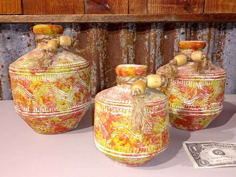 Nice set of 3 terra cotta and chartreuse colored decorative ceramic