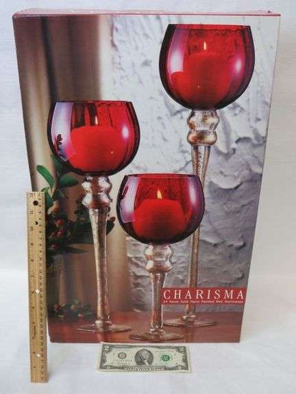 NIB Set Of Three Charisma 24 Karat Gold Hand Painted Red Hurricane 