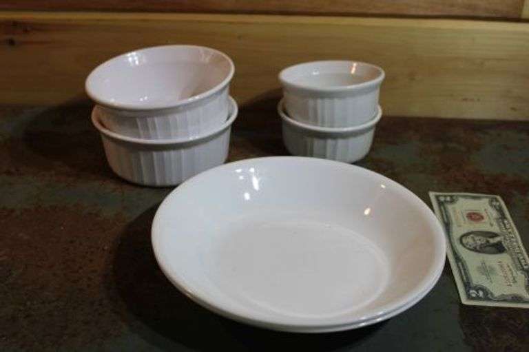Lot of Corningware FrenchWhite STONEWARE ramekins and 2 Corelle