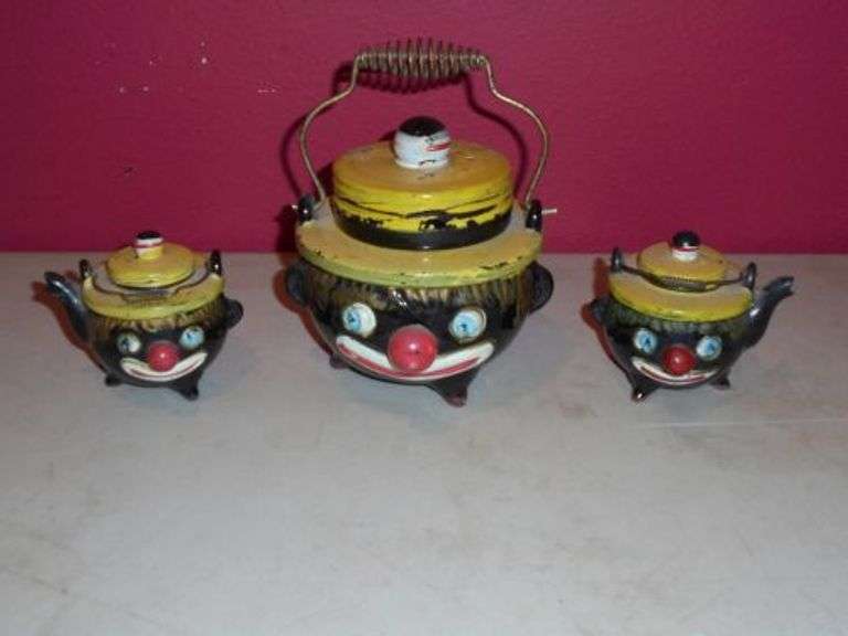 3pc vintage THAMES Hand Painted Black Redware Clown Face 1950's Japan