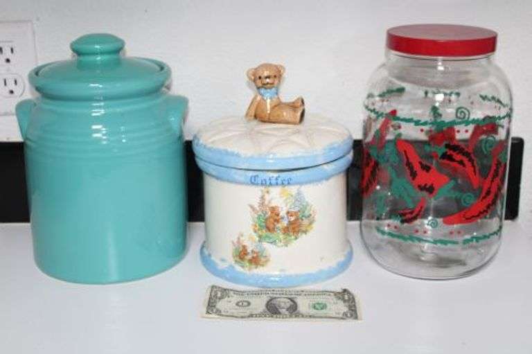 2 Ceramic Canisters (bear needs to be reattached) and 1 Glass Canister