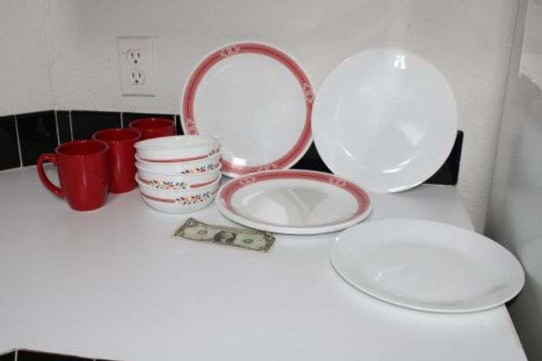 Corelle Dishes 3 mugs, 4 bowls, 4 plates with red trim, and 2 white plates Texas Online