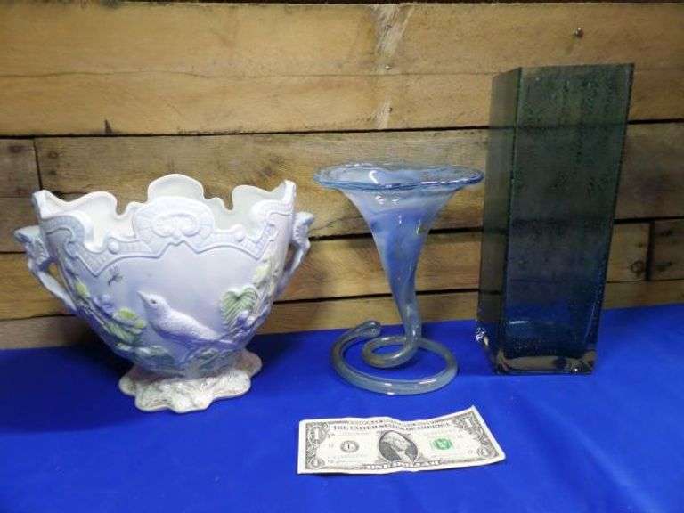 Beautiful Large Ceramic Bird Vase/Planter, Blown Glass Piece