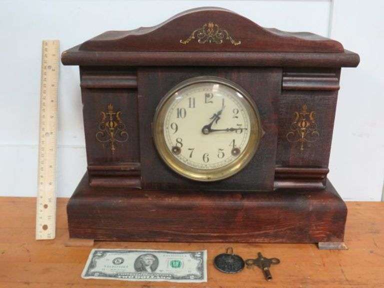 Antique Sessions Mantle Clock, has Key and Pendulum as shown, runs but needs service Texas