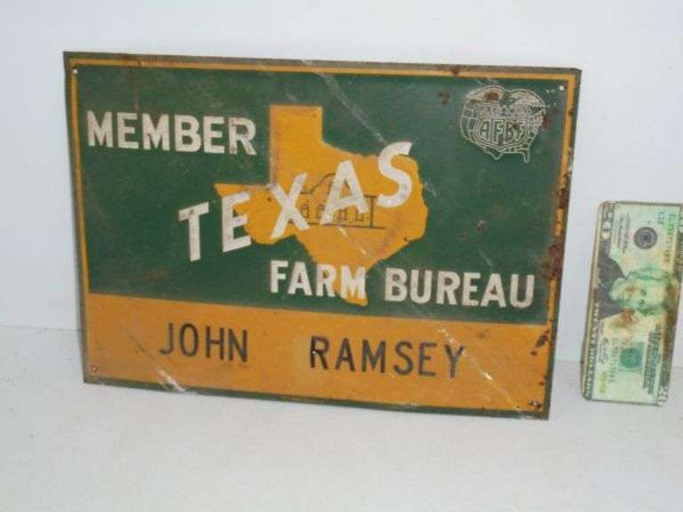 Small metal TEXAS Farm Bureau sign. Texas Online Auction House