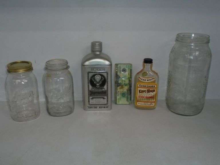 1960's KING KORN Corn Likker Bottle, 3 Jars and a metal JAGERMEISTER